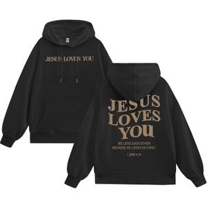 Weetiotio Christian Jesus Loves You Hoodies for Teen Boys Religious Faith Sweatshirts Bible Verse Graphic Youth Hoodie (Black, S)