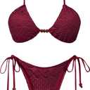 ZAFUL Women's Bikini Set Fishnet Triangle Tie Convertible Collar Halter Bandeau Shell Two Piece Bathing Suit (Wine) Small