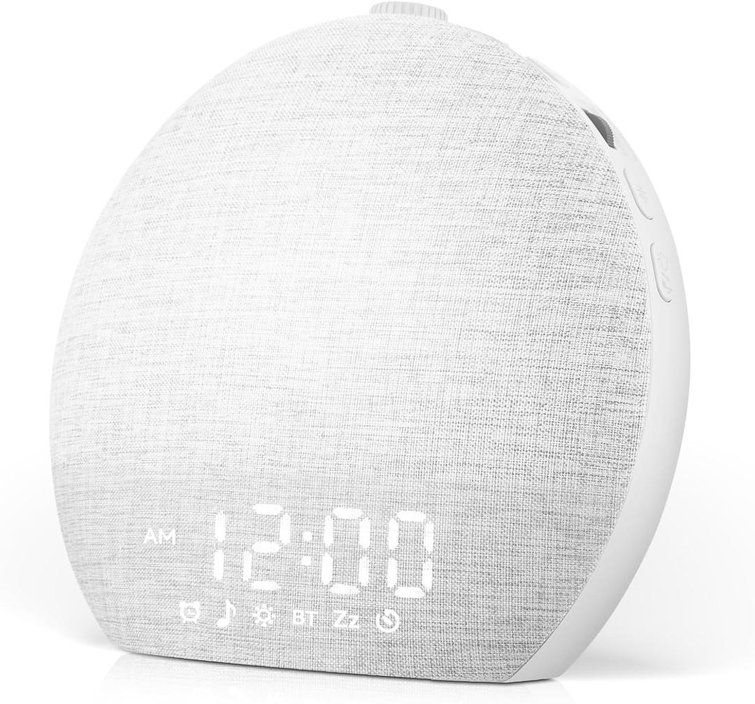 Geuuap Sunrise Alarm Clock White Noise Sound Machine for Bedroom | Natural Wake-Up Light with 30 Soothing Sleep Aids, Bluetooth Speaker, Dimmable Clock, Screen-Free Design for Baby Adults Kids-White