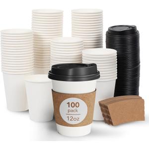 DAILYLIFE 12oz Disposable Coffee Cups with Lids and Sleeves- 100 Pack, Premium Thickened, Leak-Proof Paper Cups for Hot Drinks, To Go Coffee Cups for Family, Office, Parties, Travel