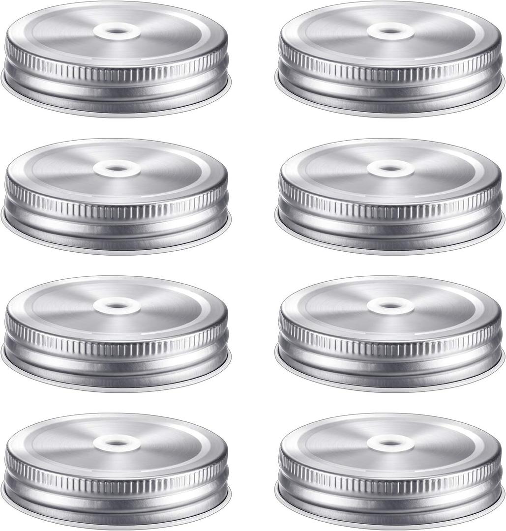 Mudder 8 Pieces Metal Regular Mouth Mason Canning Jar Lids with Straw Hole Leak Proof Reusable Jar, 2.75 Inch (Silver)