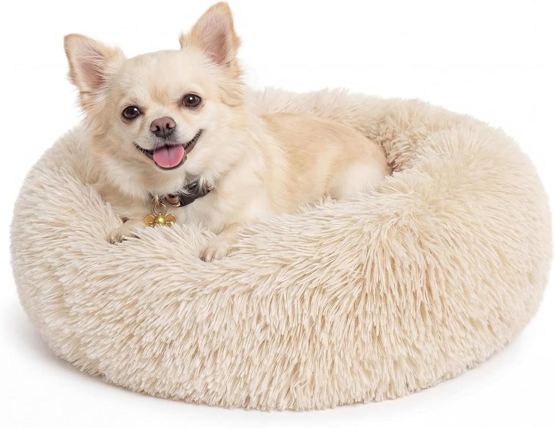 Calming Donut Dogs Beds for Small Dogs Washable,19inch Fluffy Round Puppy Bed for Puppies,Cats & Toy Breeds with Raised Rim,Fits up to 15 lbs Pets,Beige