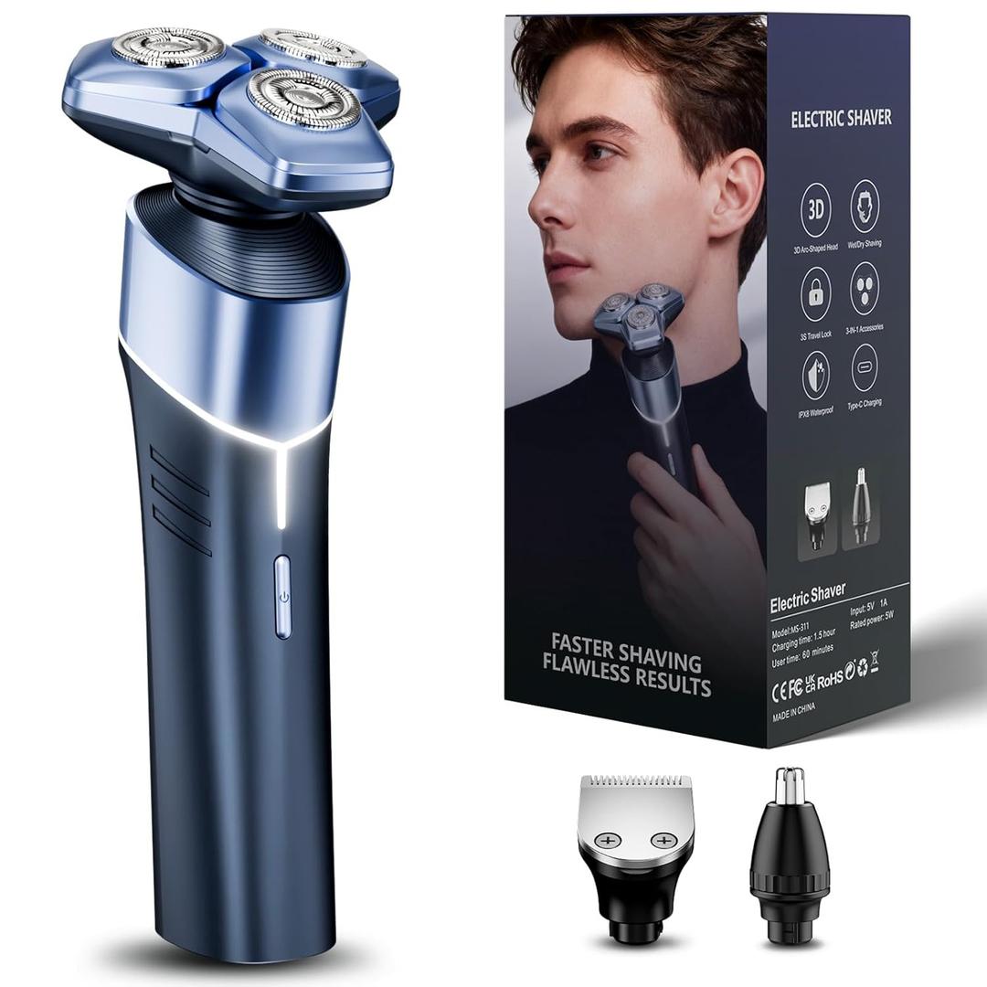 Electric Razor for Men: 3-in-1 Shaver with Hair Clipper and Nose Trimmer, for Face, Beard, Body and Travel, Dusty Blue