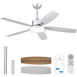 Ceiling Fans with Lights, 52 inch Smart Ceiling Fan with Remote/APP Control, Ultra Silent, 6 Speeds, Dimmable, Modern Flush Mount Low Profile Ceiling Fan for Bedroom Indoor/Outdoor (Nickle)
