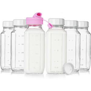 Sovietiep 16 Oz Square Glass Milk Bottles with A Silicone Cap, 6 Pack Glass Bottles for Juicing with Airtight Lids, Drinking Bottles with Lids and Scale Mark, Breast Milk Storage Jug Easy to Carry