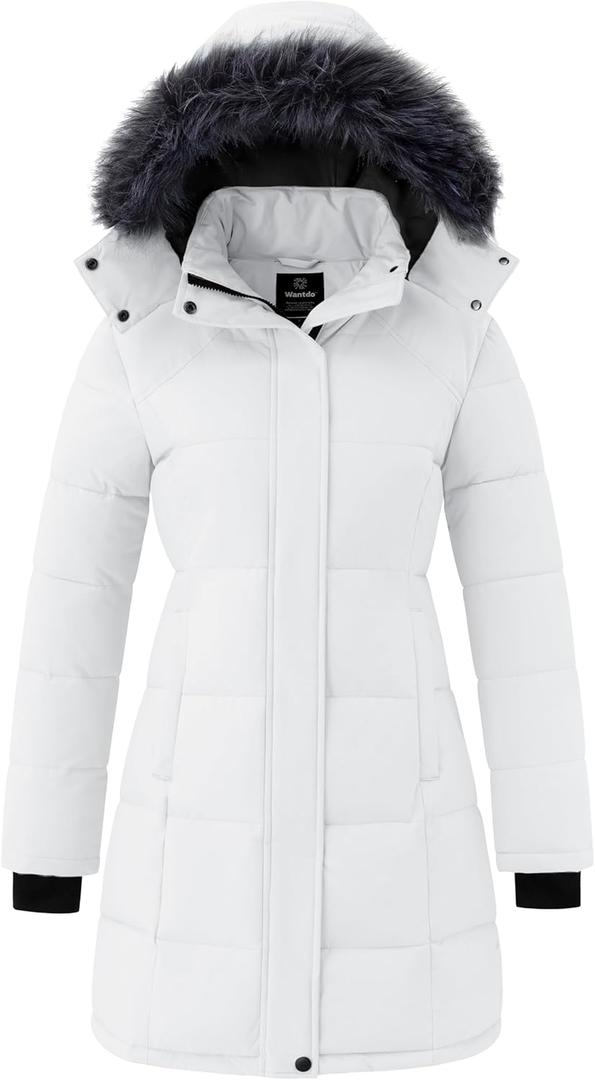 wantdo Women's Waterproof Winter Coat Warm Long Puffer Jackets with Faux Fur Hood Thicken Parka (White, M)