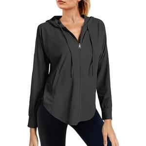 Fisoew Womens Athletic Jacket Hoodie Zip Up Cropped Lightweight Jackets UPF 50+ Sun Protection Long Sleeve Workout Shirt (Black,XL)