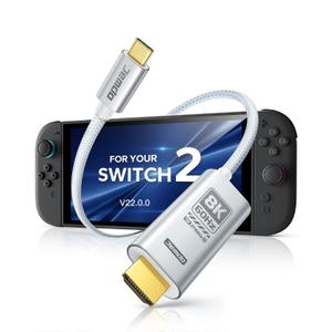 JEMDO Switch 2 (22.0.0+) Dock HDMI Cable 8K@60Hz HDR/ 4K@240Hz, 6.6ft USB-C to HDMI 2.1 48Gbps TV Dock, 100W PD Play While Charging, White Braided Portable Travel Adapter, Work with Switch 2/2017/OLED