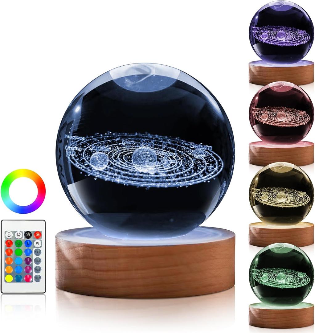 Large Crystal Ball Lamp, 3D Solar System Crystal Night Light 16 Colors 4 Modes with Remote, 3.15 in Light Room Decor, Birthday Gift/Holiday Gifts for Men & Women