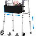Folding Narrow Walkers for Seniors, Adjustable Width & Height, Standard Walkers with Basket, 2 Skis, 5 Front Wheels, Lightweight Walkers for Elderly & Disabled, Thickened Aluminum Adult Walker