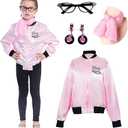 Sincere Party Pink Satin Jacket Back to the 50s Costume for Girls with ,Scarf,Earrings