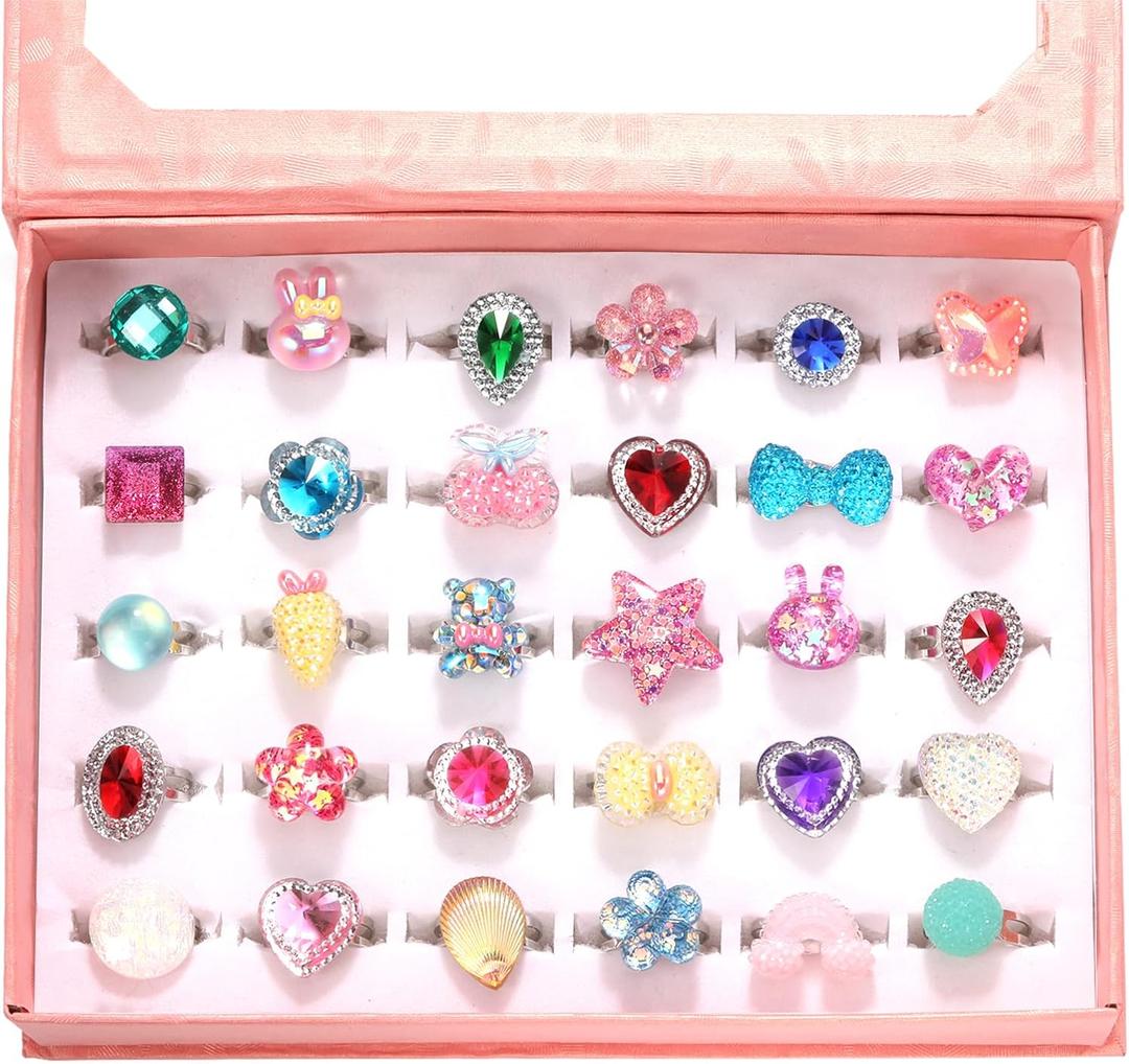 PinkSheep Little Girl Jewel Rings in Box, Adjustable, No duplication, Girl Pretend Play and Dress Up Rings (30 Jewel Ring)