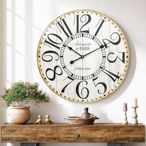 Farmhouse 24 Inch Wall Clocks, Large Vintage French Wooden Wall Clocks, Silent Non-Ticking Battery Operated Wall Clocks for Living Room,Kitchen,Bedroom (Brown)