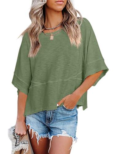 Sovelen Women's Summer Casual Crewneck Batwing Half Sleeve T-Shirts Solid Color Loose Fit Cute Basic Flowy Tops Tees Blouses Blackish Green, S