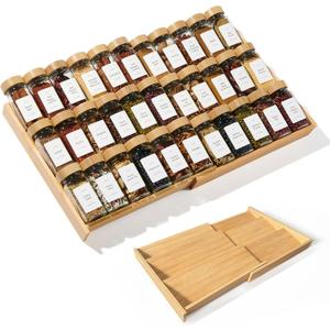 Expandable 3-Tier Bamboo Spice Rack Organizer (12"-21" W, 13.5" D, 3.7" H) Adjustable for Kitchen Drawers, Cabinets, Countertops, Pantry Shelves & Cupboards, No Jars Included
