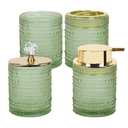 FEILANDUO Bathroom Accessories Set,4Pcs Glass Bathroom Accessories,Vanity Bathroom Decor, Soap Dispenser, Toothbrush Holder Set, Apothecary Jar, Gift for Home Apartment (Green A)