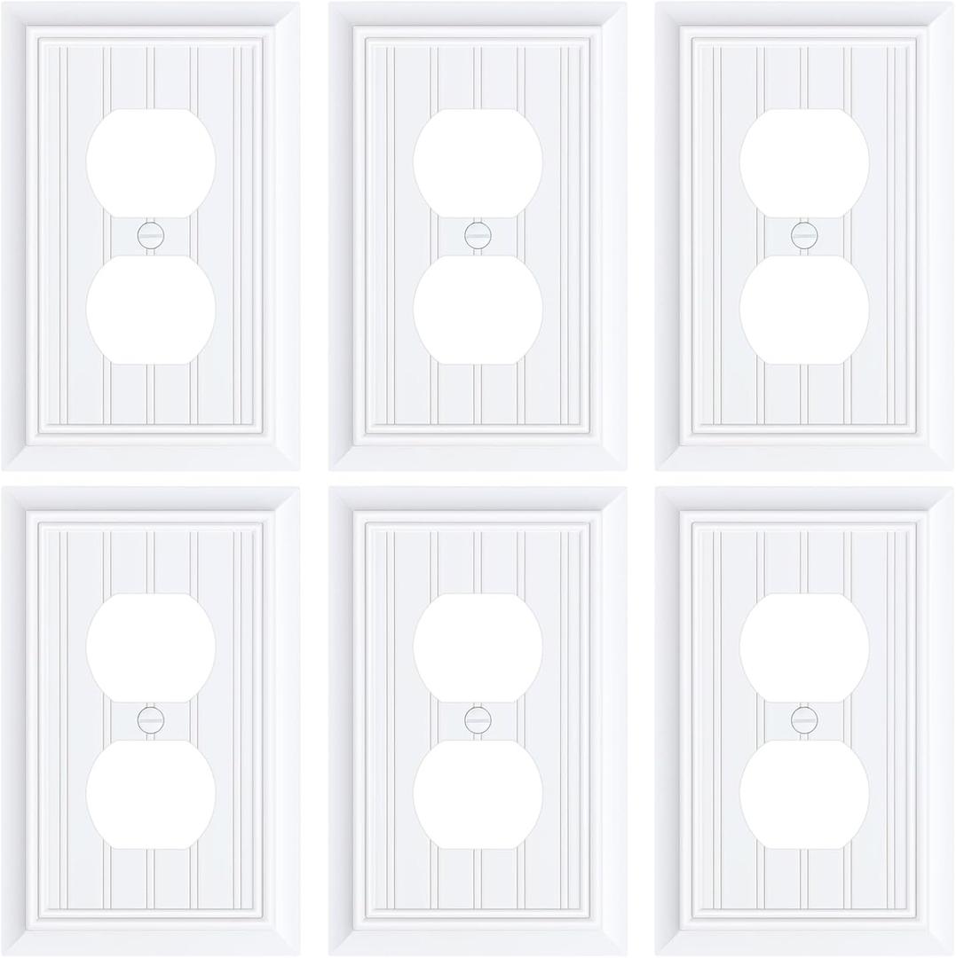 6-Pack Classic Beadboard Duplex Outlet Cover Plate, Decorative Switch Plates and Outlet Covers, Natural Bamboo Fiber Wall Plates for Electrical Outlets, 1 Gang Receptacle Cover,Pure White