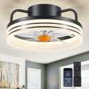 Ceiling Fans with Lights and Remote - Flush Mount Low Profile Ceiling Fans - 13 Bladeless Enclosed Ceiling Fans with Led Light and Stepless Dimming, Small Modern Ceiling Fan for Bedroom (Black-13"-7873)