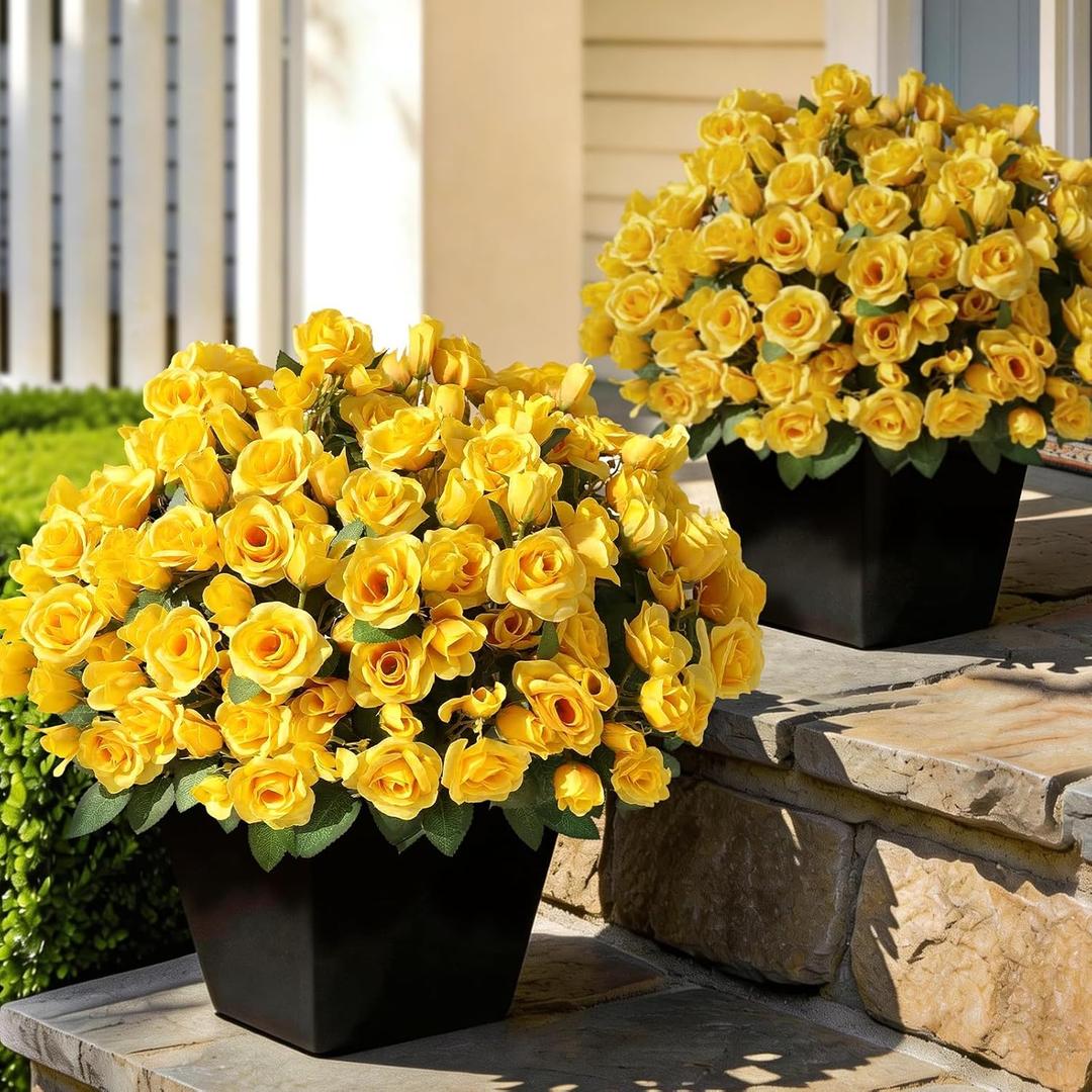 2 x 8 Bundles Artificial Roses for Front Door Outdoor Decor, Realistic Fake Silk Bouquets Flowers Faux UV Resistant Real Looking Rose Plants for Garden Balcony Farmhouse Home Spring Summer Decor (Yellow)