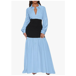 Ekaliy Women's Puff Long Sleeve Shirt Dress Elegant Button Down Loose Swing Party Maxi Dress, S