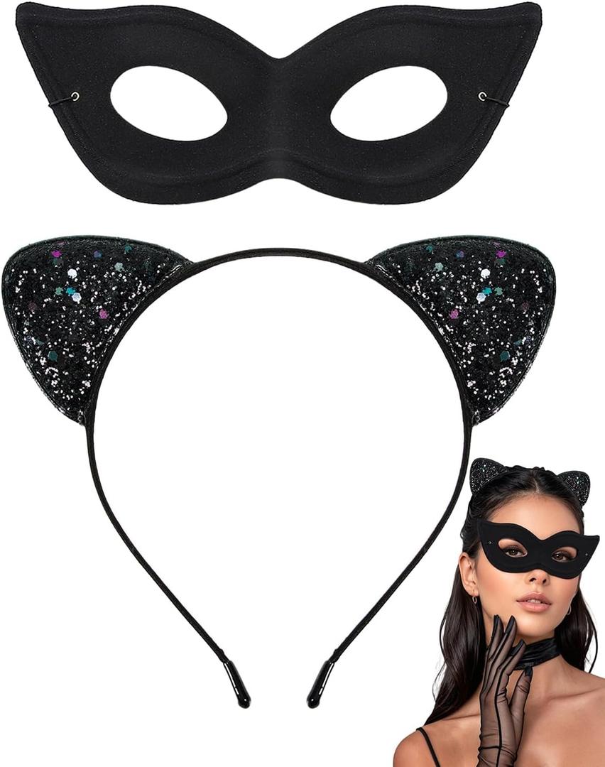 2 x Black Cat Costume Accessories Set with Ears Headband and Masquerade Mask for Adult Christmas Gifts, Halloween Cosplay Party (Black)