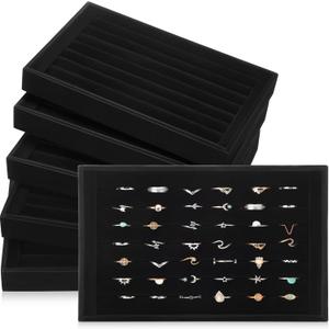JaGely 6 Pcs Jewelry Ring Tray 7 Slots Ring Organizer Stackable Holder for Jewelry Display Drawer Insert for Dresser Earring (Black)