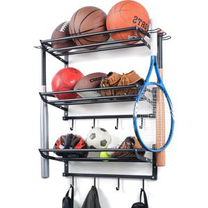 Garage Sports Equipment Storage Rack with Separate Shelf, Ball Rack, Sport Equipment Organizer withHooks for Badminton Racket, Basketball Rack for Basketball Football Rugby