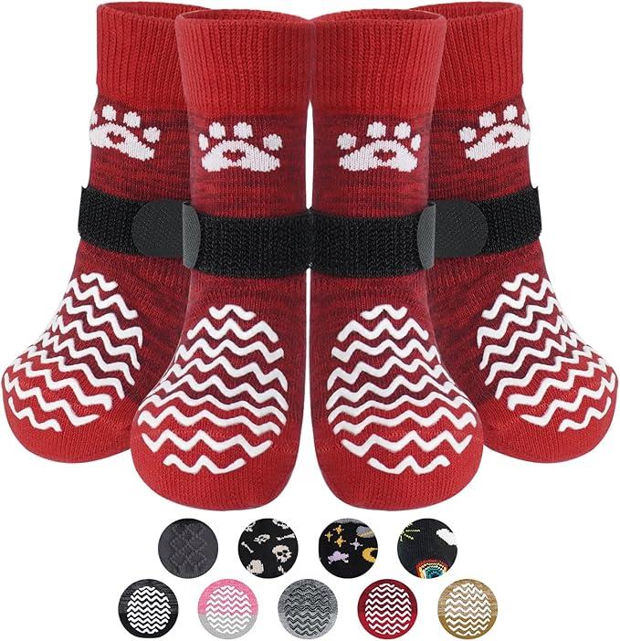 PUPTECK Anti Slip Dog Socks 2 Pairs with Double Grippers for Hardwood Floors, Shoes for Hot/ Cold Pavement, Boots & Paws Protectors to Prevent Licking, Traction Booties for Senior Small Large Dogs
