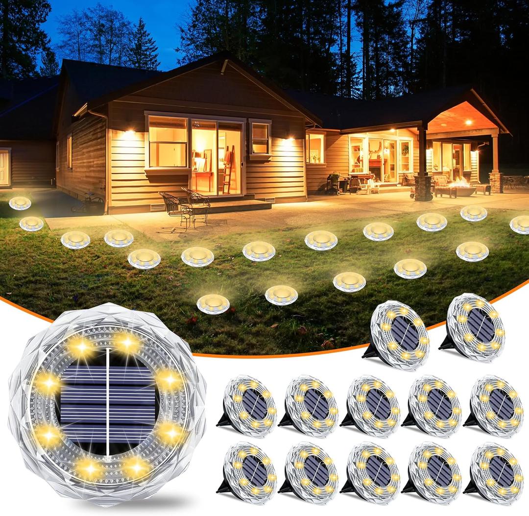 Solar Ground Lights 12 Pack Waterproof Outdoor LED Solar Garden Lights Bright Solar Powered Disc Light In-Ground Landscape Lighting for Patio Pathway Walkway Driveway, Warm White