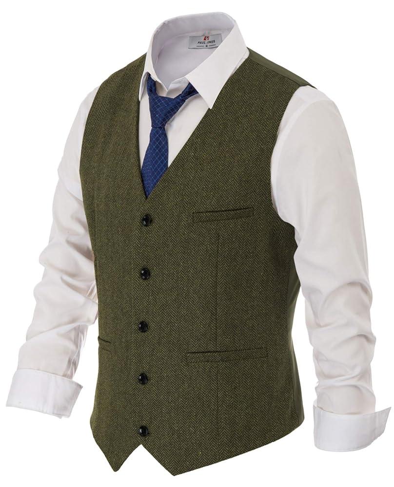 PJ PAUL JONES Men's Herringbone Tweed Suit Vest Casual Wool Blend Waistcoat
 XL