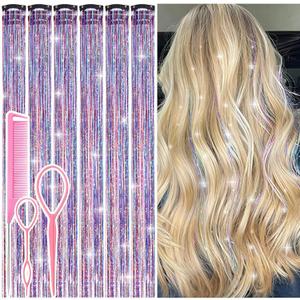 Hair Tinsel Clip in Dreamy Colorful Fairy Hair Tinsel Kit, 12 Pcs 24 Inch Glitter Clip in Hair Extensions for Girls Women Kids Christmas New Year Festival Party (Dreamy Colorful)