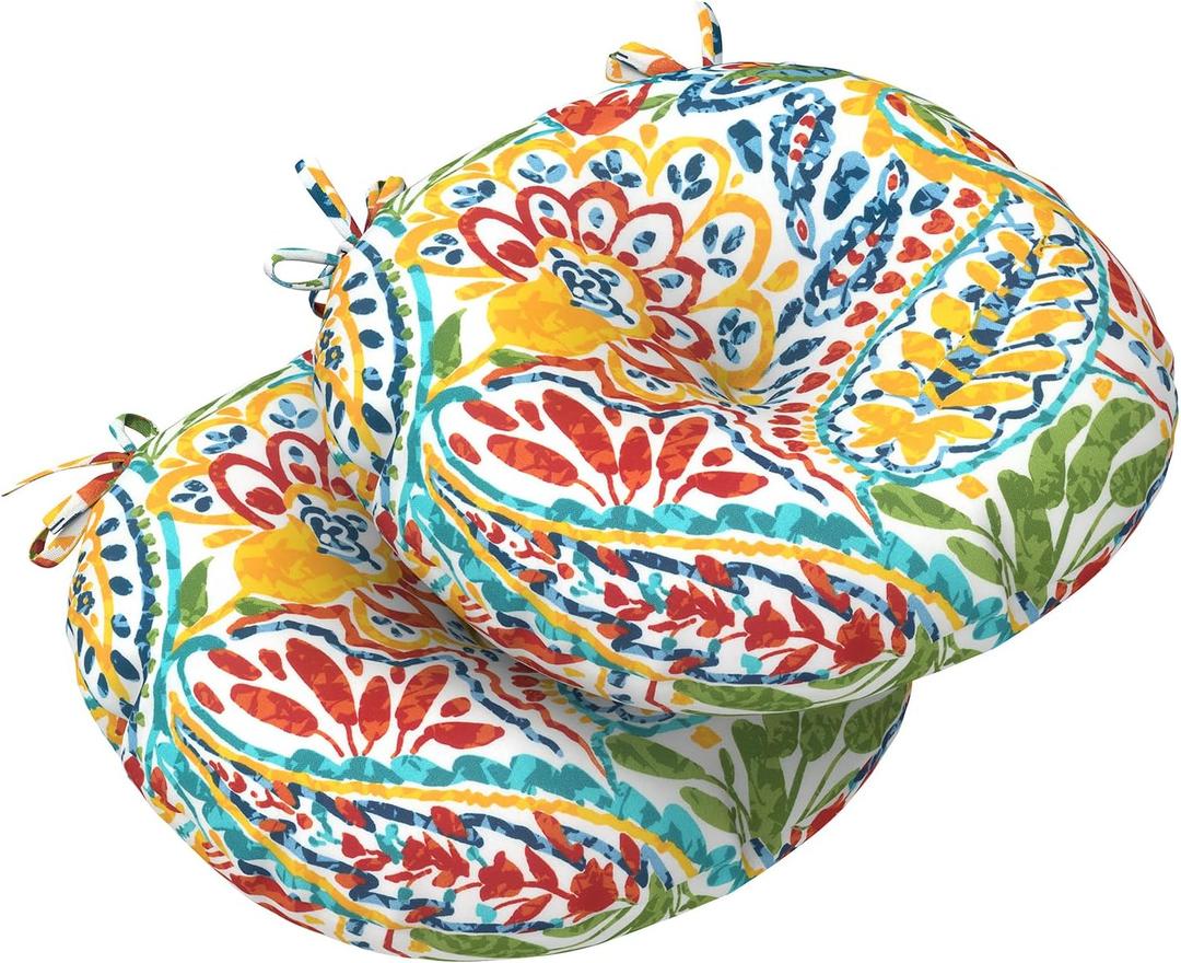 LVTXIII Outdoor Bistro Chair Cushions, 15"x15"x4" Round Patio Chair Cushions, All Weather Tufted Seat Cushions for Patio Furniture Use, Set of 2, A Paisley Ummi Multi