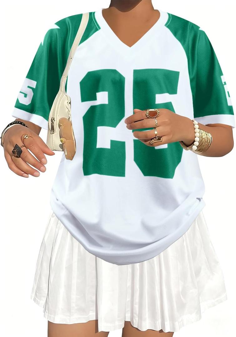 Jersey Shirts for Women Y2k Graphic Tees V Neck Baggy Streetwear Number Oversized T Shirt Summer Tops