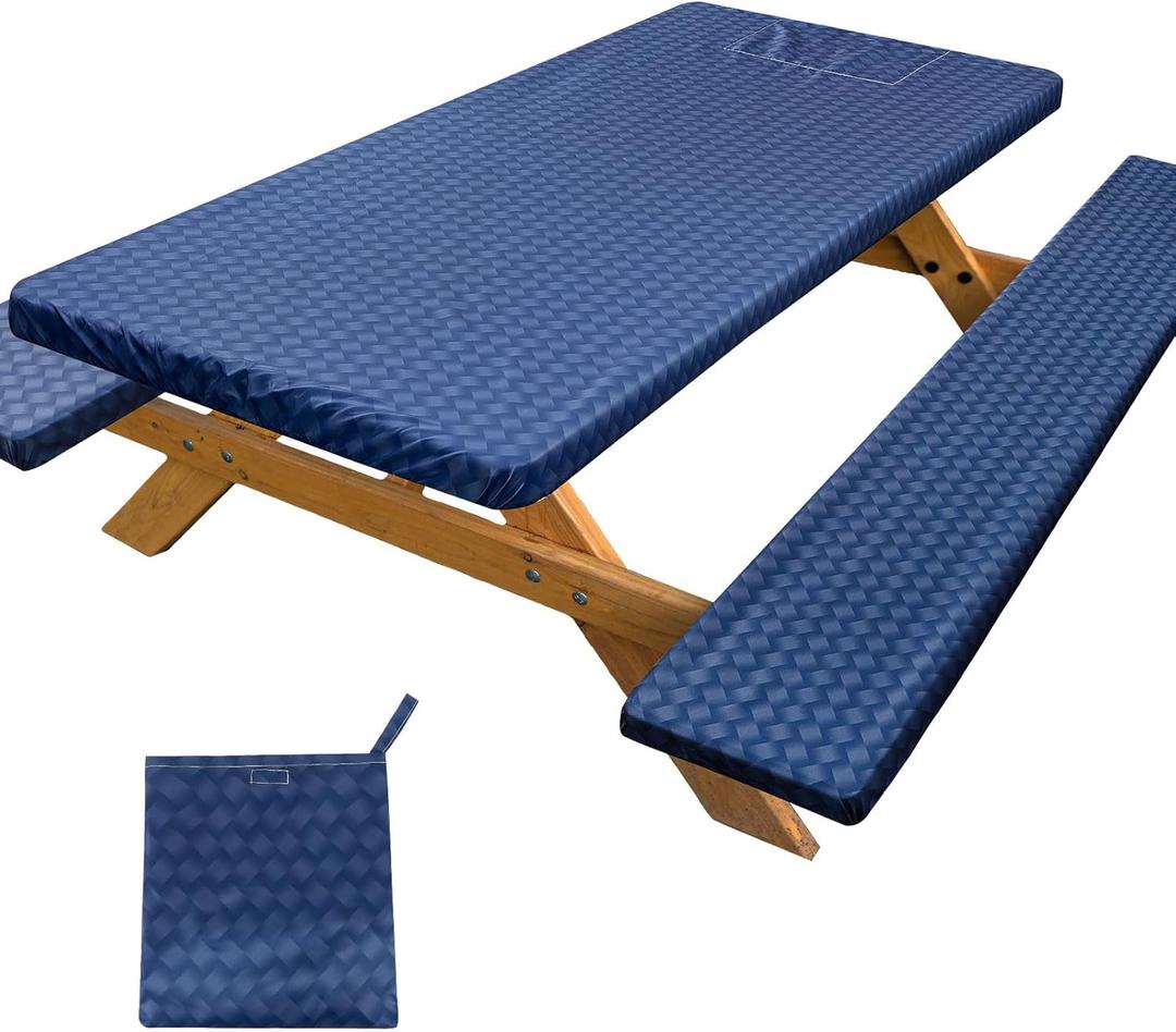 Picnic Table Cover with Bench Covers Portable Table Cloth Built-in Storage Pocket Picnic Table Covers With Elastic Waterproof Camping Essentials for RV Camping (72x30in, Deep Blue)