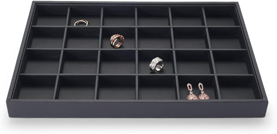 Oirlv Stackable Jewelry Organizer Tray Premium Leather 24 Grid Jewelry Drawer Organizer Dresser Tabletop Trinket Earring Ring Storage