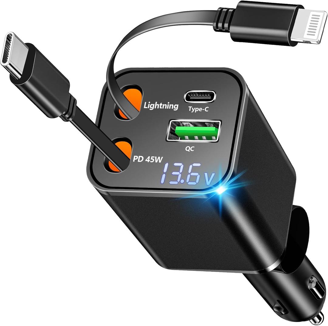 [Apple MFi Certified] Retractable Car Charger, Linocell 120W USB C Car Charger 4 in 1 PD/QC Type C Fast Charging Cigarette Lighter Adapter for iPhone 17/17 Pro Max/16/15/14/13/12/Galaxy S25/S24/Pixel