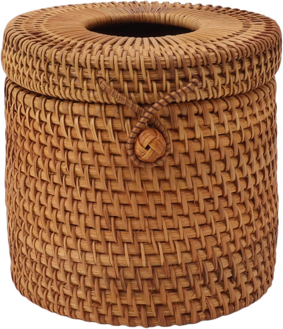 2 x Rattan Woven Cylinder Tissue Box Cover - Boho Decorative Round Tissue Holder for Bathroom, Living Room, Coffee Table, Bedroom(Cylinder Style)