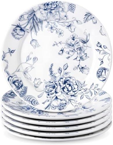 Honeydak 6 Pcs 6 Inch Blue Floral Flower Ceramic Plates Blue and White Porcelain Salad Serving Plate Vintage Dinner Appetizer Dessert Dishes Tableware for Wedding Birthday Tea Party Table Supplies