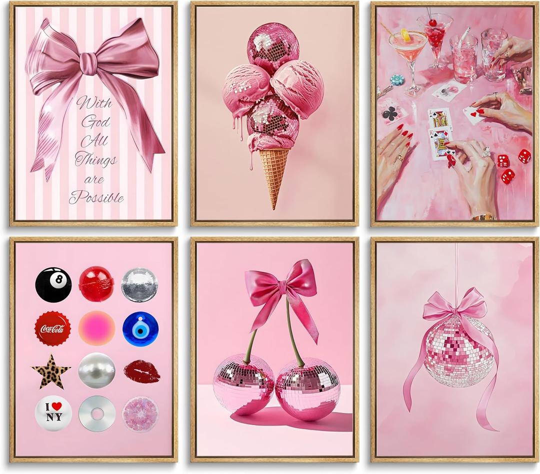 6Pcs Pink Preppy Canvas Wall Art Pink Bow Disco Ball Posters Prints Funky Cherry Ice Cream Pictures Paintings Cute Girl Wall Decor Suitable for Girls Bedroom, Dorm, Kitchen Decoration Unframed (8-10)