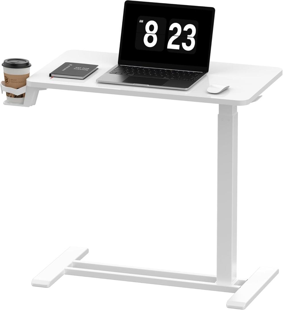 FLEXISPOT H7 Adjustable Overbed Bedside Table with Wheels Pneumatic Mobile Standing Desk Laptop Desk Rolling Computer Cart Movable Overbed Table Hospital Home Use(27.6" W x 15.7" D, White) (Small)