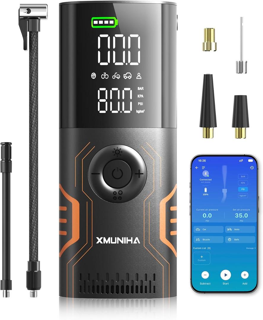 Tire Inflator Portable Air Compressor - Smart APP Control Bike Pump, All-in-One Storage Air Pump for Car Tires, 150PSI Tire Pump with Digital Gauge, Cordless Pump for Car, Motorcycles, Bikes, Balls