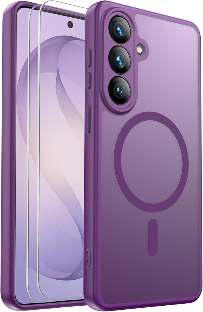 Ezanmull for Samsung Galaxy S26+ Plus Case Magnetic Shockproof, [Fit for MagSafe] [Glass Screen Protector] Soft-Touch Skin para Frosted Translucent Anti-Fingerprint Cover (Purple)