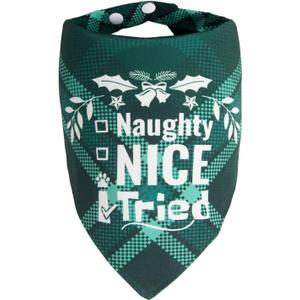 2 x Christmas Dog Bandanas Pets Funny Holiday Costume Gift Xmas Stocking Stuffers - Naughty Nice I Tried, Green Plaid, Medium & Large Breed, 25-75lbs
