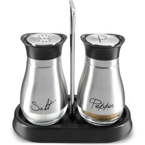 Juvale Stainless Steel Salt and Pepper Shakers Set with Holder, Refillable, Clear Glass Bottoms, Screw-Off Perforated "S" and "P" Caps for Kitchen Table Decor (4oz) (Silver)