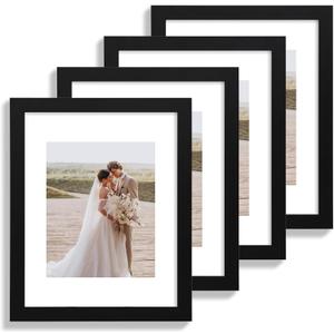 11x14 Picture Frame Set of 4, Made of Glass and Black Wooden Frame, Display 8x10 Pictures with Mat or 11 x 14 Posters without Mat for Wall Mounting, Gallery Photo Frames