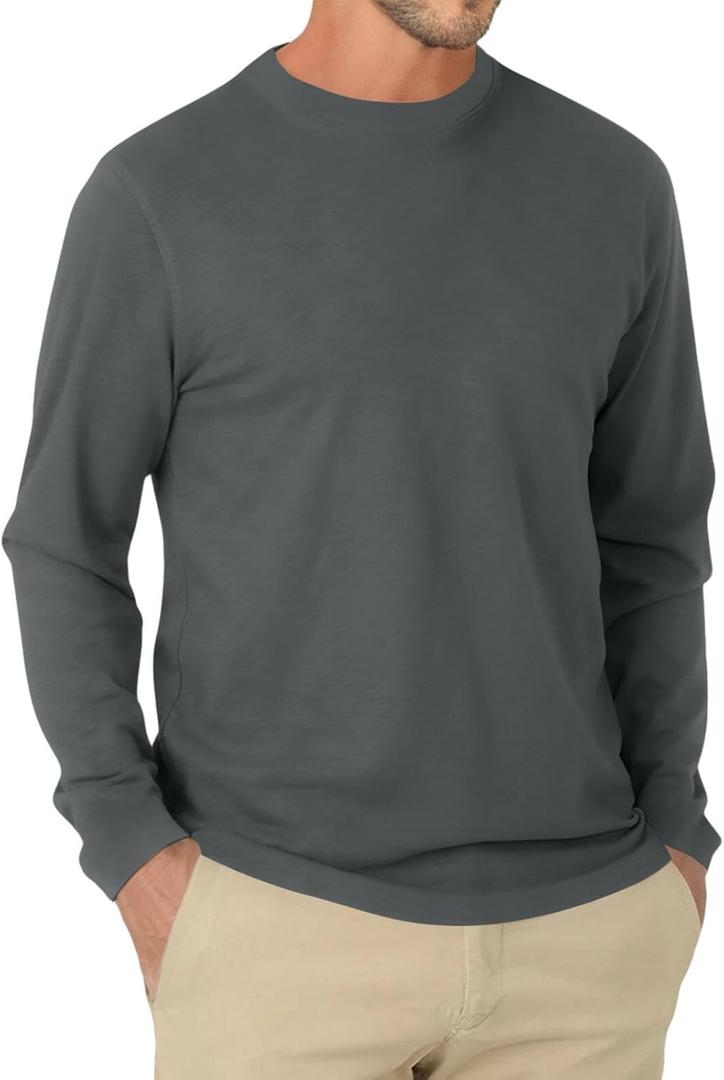 Uni Clau Mens Casual Long Sleeve Tee Shirts Crew Neck Soft Stretch Lightweight Breathable Solid Work Shirts for Autumn (3X-Large, Deep Grey)