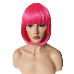 OYSRONG Women Short 11.81''/30cm Hot Pink Bob Straight Multifunction Synthetic Cosplay Wig, Flat Bangs Bob Hair Wig (Hot Pink)