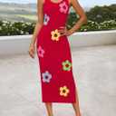 ZESICA Women's Summer Knit Bodycon Midi Dress 2026 Sleeveless Floral Crewneck Color Block Long Beach Party Dresses (Red, XL)