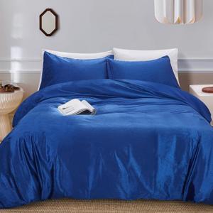 JSD Navy Blue Velvet Microfiber Duvet Cover Set Queen Size, 3 Piece Reversible Duvet Comforter Cover Zipper Closure