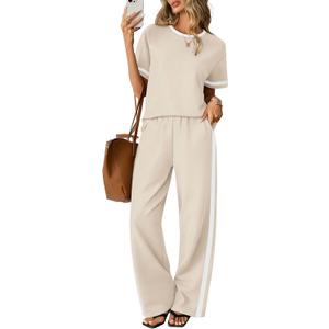 Sampeel 2 Piece Sets for Women Matching Sets Summer Outfits Resort Wear Short Sleeve Lounge Set Wide Leg Pants with Pockets L